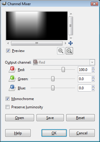 GIMP Channel Mixer monochrome full red