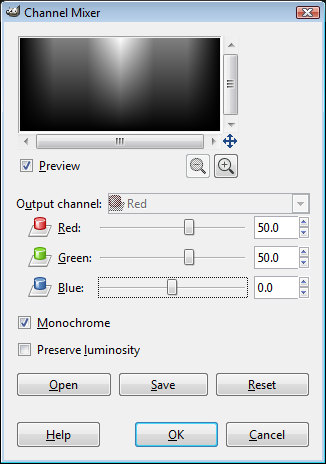 GIMP Channel mixer monochrome 50% red and green
